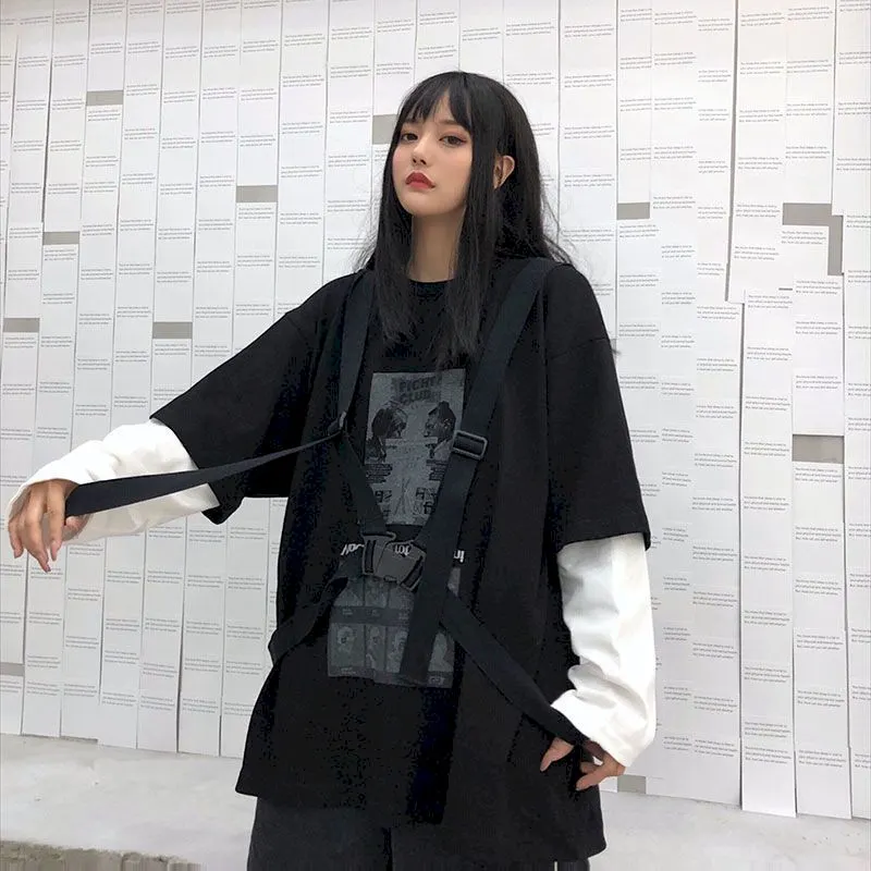 Fake two-piece printed round neck long-sleeved shirt women's loose bandage was thin and wild loose top super fire Harajuku stree