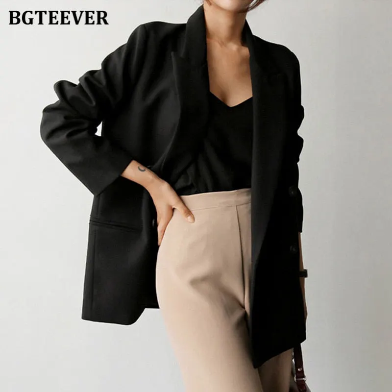 BGTEEVER Autumn New Fashion Notched Collar Women Blazer Elegant Long Sleeve Loose Double Breasted Female Suits Jackets 2021