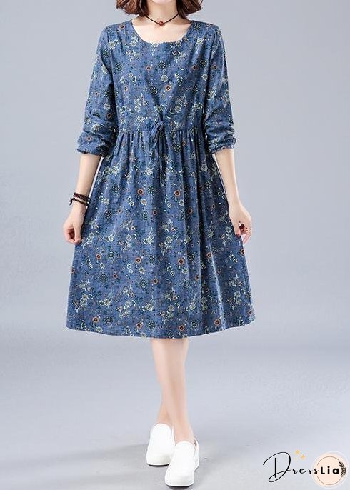 French O Neck Drawstring Spring Dresses Wardrobes Blue Print Dress