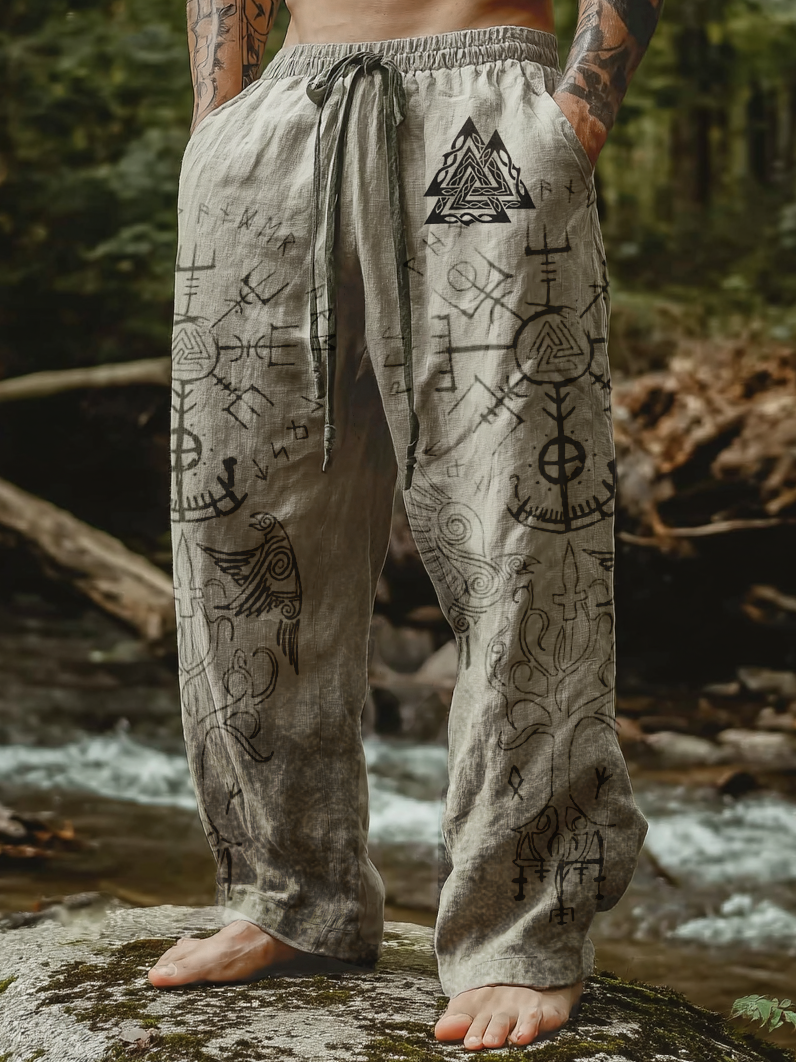 Men's Viking Raven Tribal Totem Vintage Nordic Casual Linen Pants / Rvogue / Rvogue