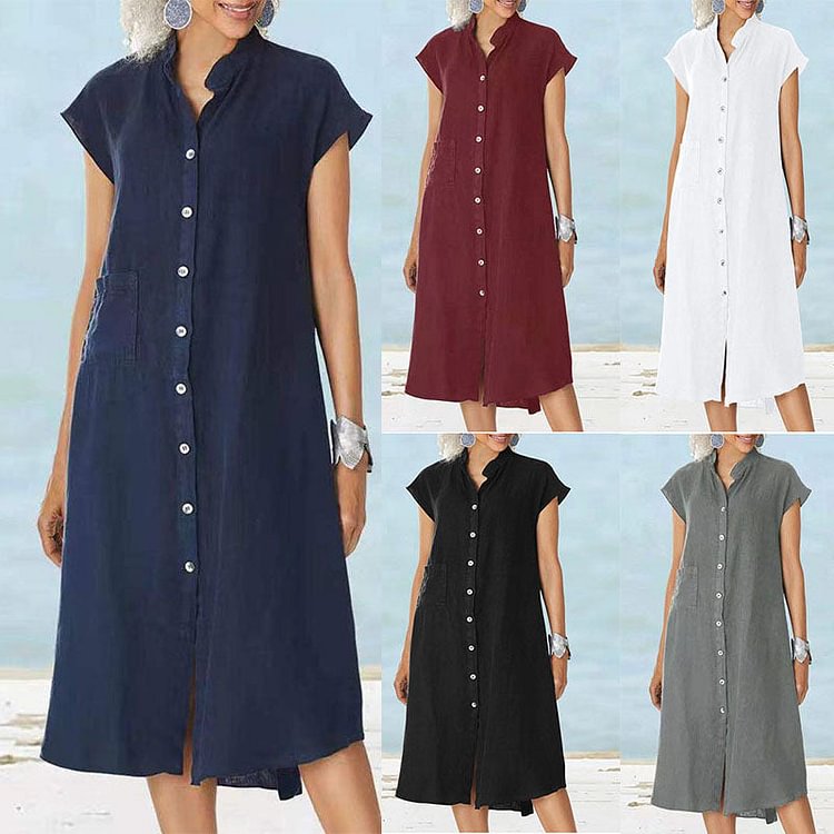 Women’s Button-down Cotton Linen Loose Dress with Pocket（50% OFF）