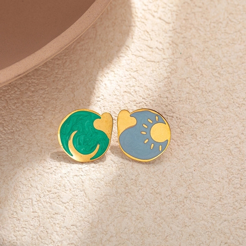 1 Pair Cute Minimalist Commute Sun Moon Heart Shape Enamel 304 Stainless Steel 14K Gold Plated Ear Studs