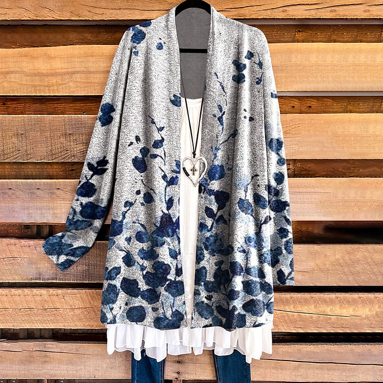 Vefave Casual Watercolor Floral Print Cardigan