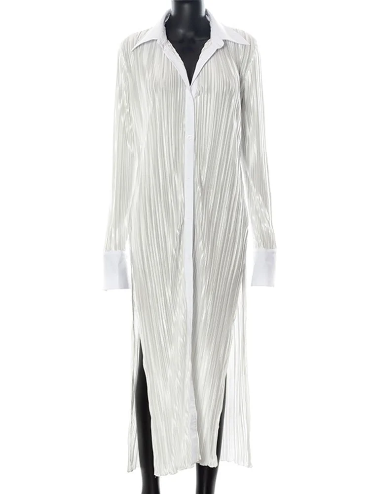 WannaThis Turn Down Collar Midi Dress Folds Split Button Casual 2021 Autumn Long Sleeve Elegant Sexy Vintage Chic White Dress