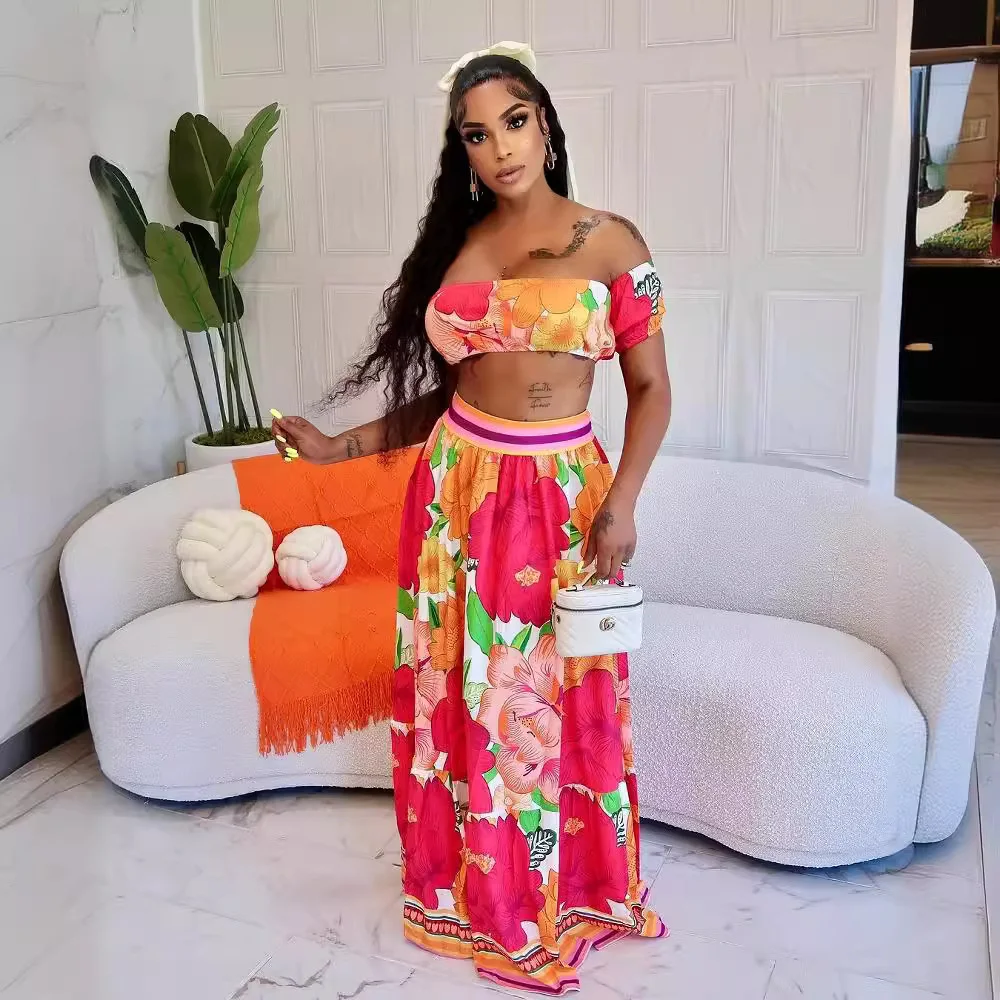 Uveng Uveng 2025 New One-Word Shoulder Color Floral Print Short Top Dress Set Two Sets