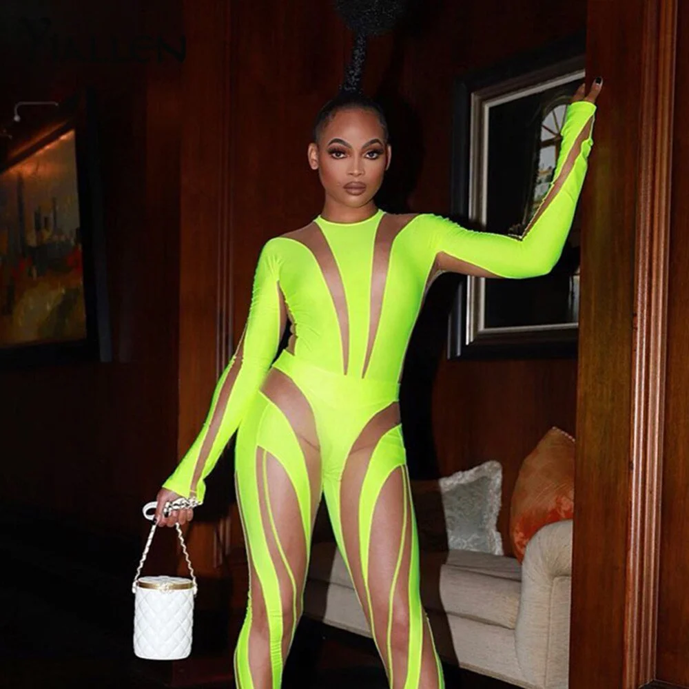 Yiallen Sexy Mesh Patchwork Bodysuit Women Solid Long Sleeve Hipster Cleavage Body-Shaping One Piece Party Style Female Clubwear