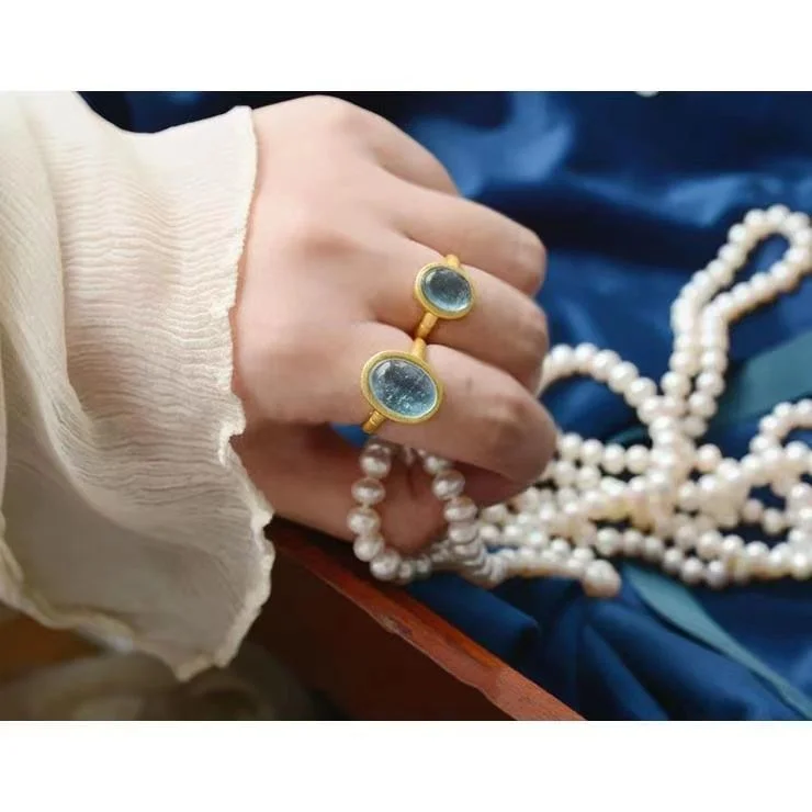 Aquamarine Crystal Stone Courage Lucky Wealth Lucky Adjustable Ring