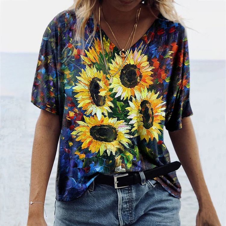 Casual V Neck Sunflower Print T-Shirt