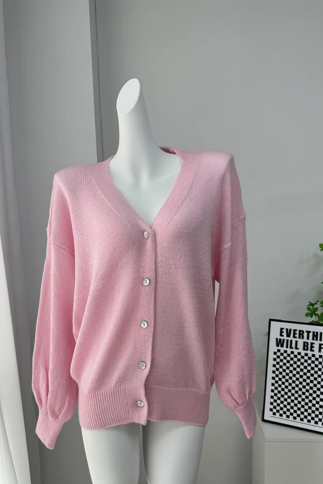 Athvotar Athvotar New Soft Horse Hair V-Neck Hollow Open Shirt Femininity Lazy Wind Buckle Lantern Sleeve Sweater Coat