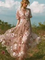 Retro Pink Rose Design V-neck Long-sleeve Casual Dress