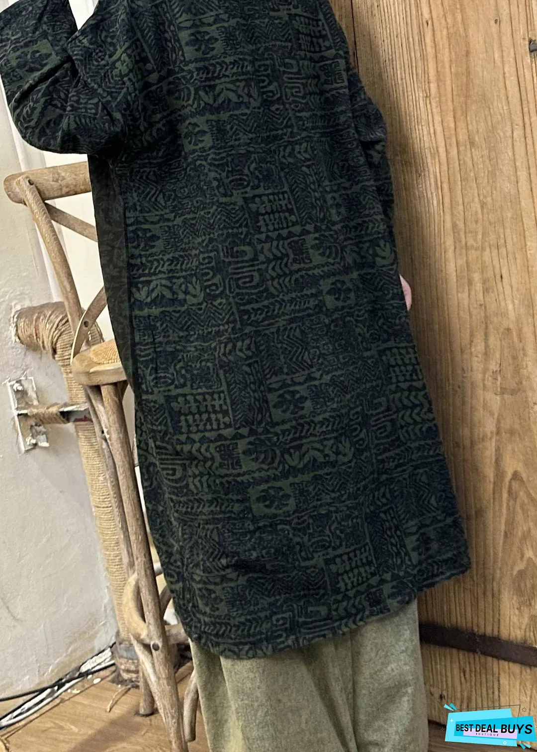 Retro Green Patchwork Print Long Dress Long Sleeve