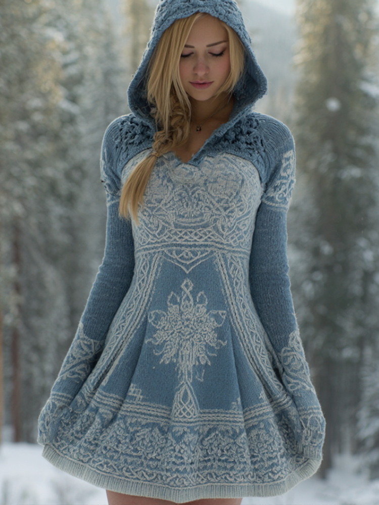 Christmas Retro Snowflake Style Women's Hooded Knitted Sweater Dress elevenforest