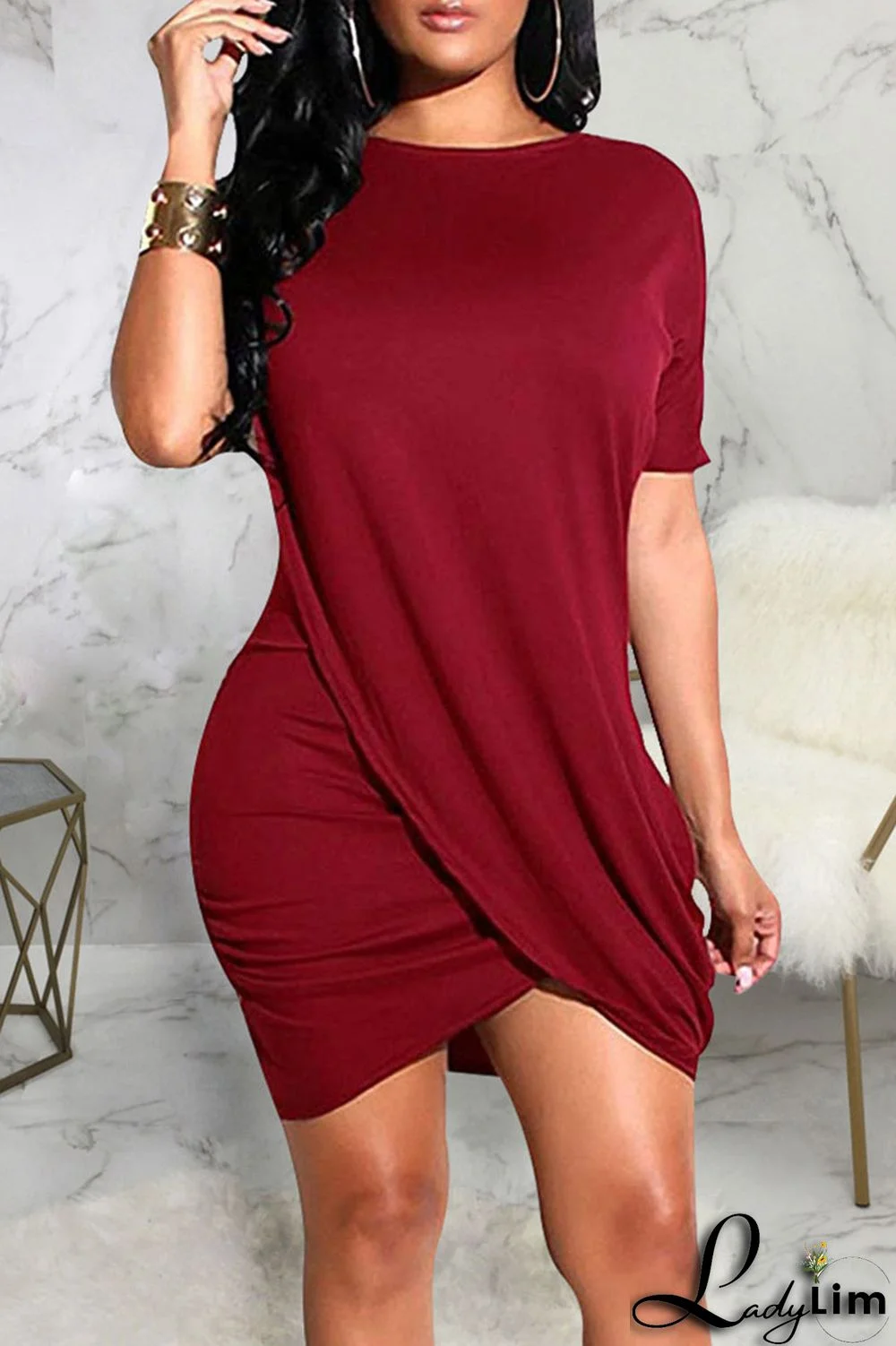 Black Casual Solid Split Joint Asymmetrical O Neck One Step Skirt Dresses