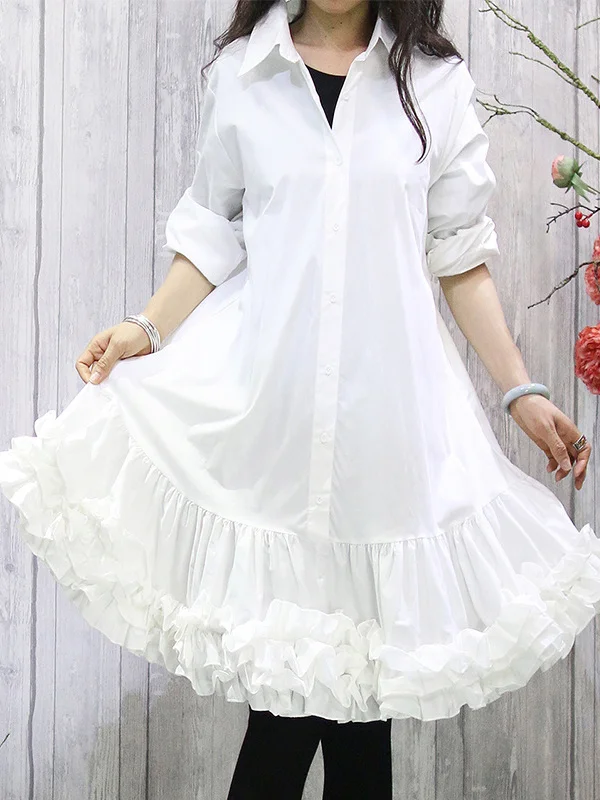 Solid Color Ruffled Pleated Buttoned Loose Long Sleeves Lapel Shirt Dress Midi Dresses
