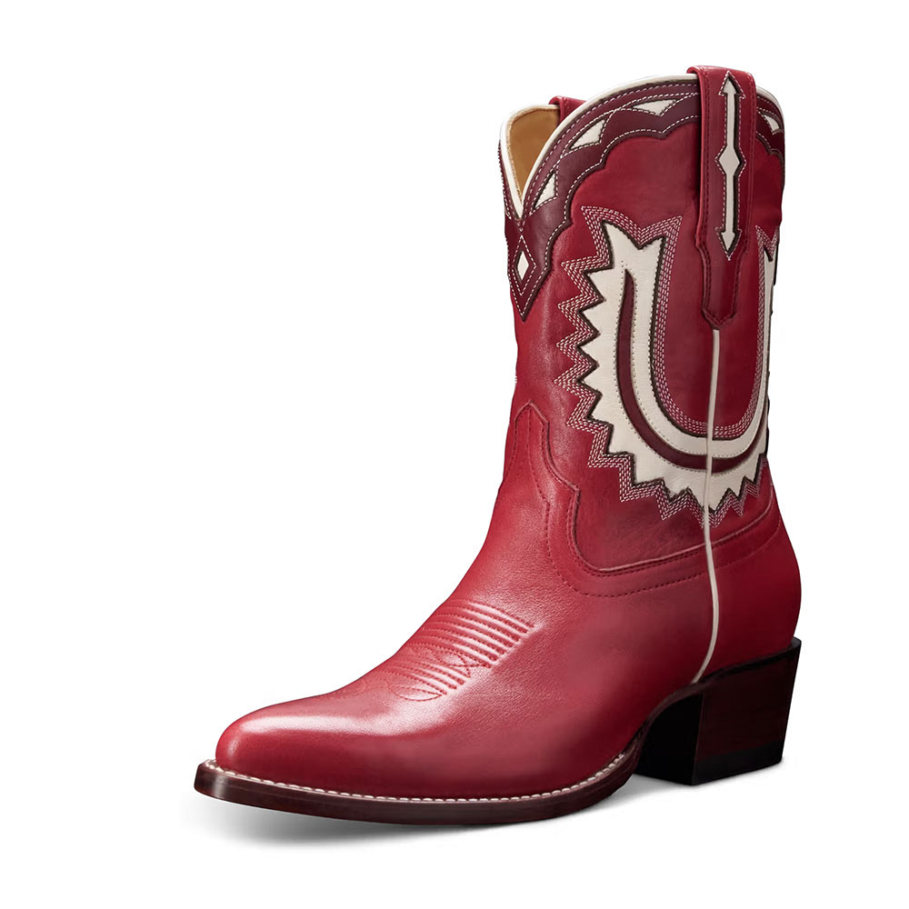 Red & Ivory Pointed Toe Inlay Mid-Calf Cowgirl Boots with Chunky Heel Nicepairs