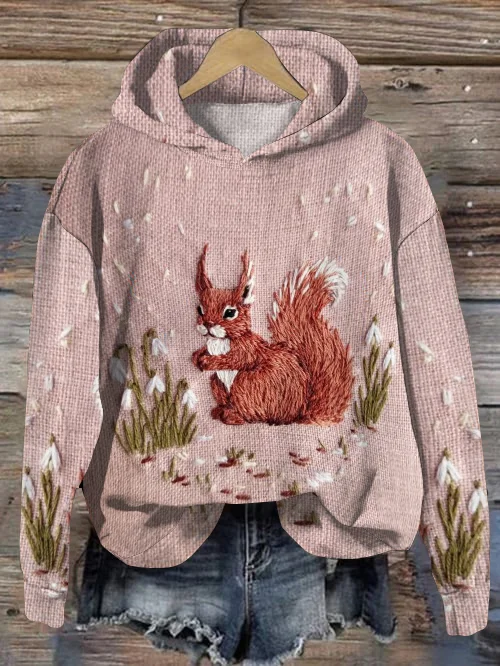 VChics Vintage Forest Squirrel Brush Jacquard Hooded Sweater