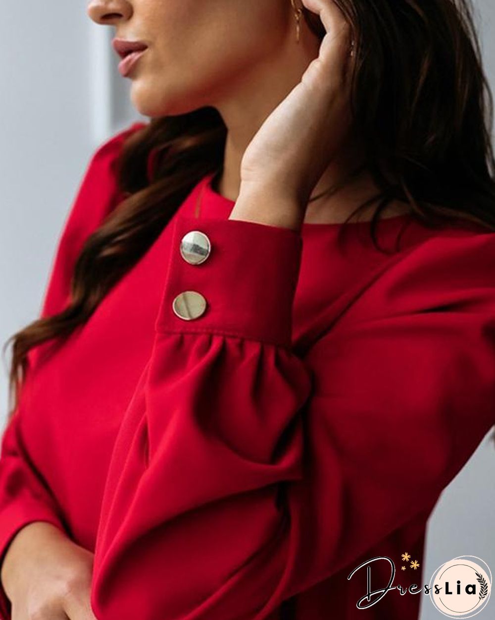 Elegant Women Metal Buttoned Mini Dress Casual Spring O Neck Party Dress