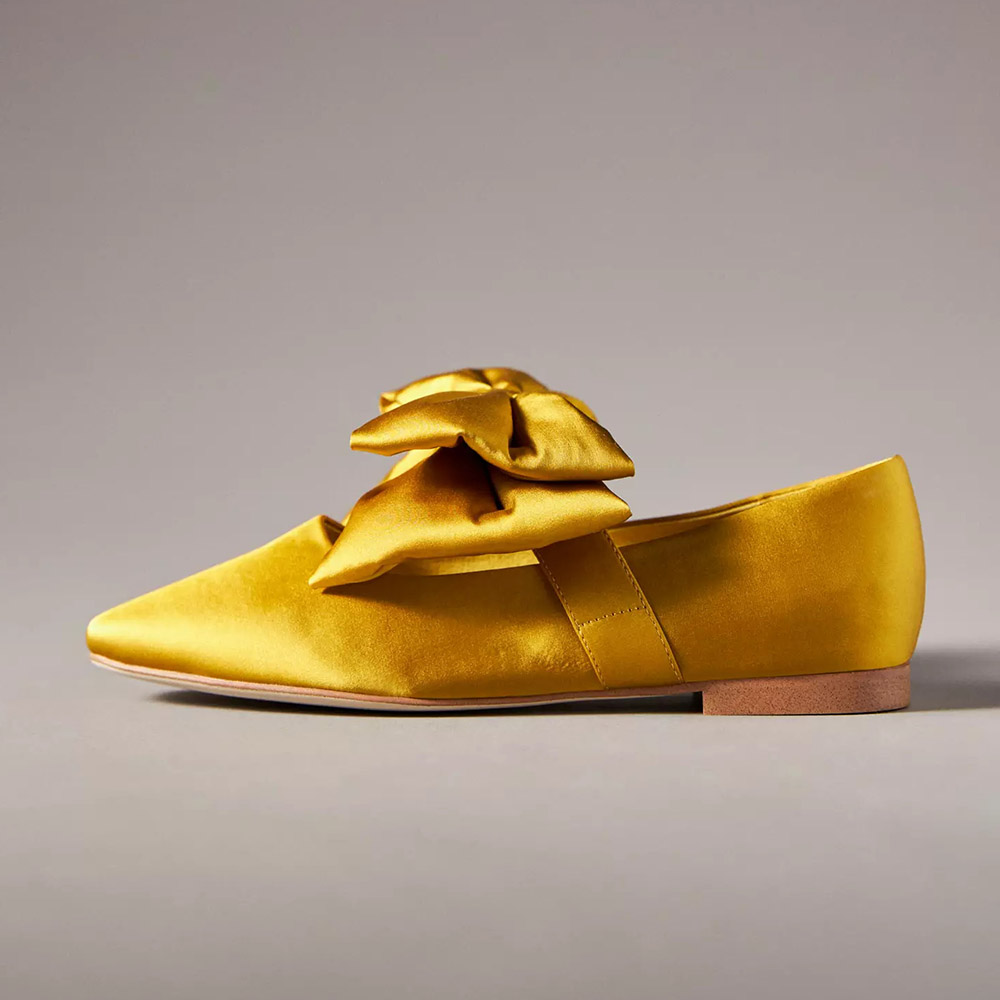 Yellow Satin Square Toe Mary Jane Flats with  Bow Decor Nicepairs