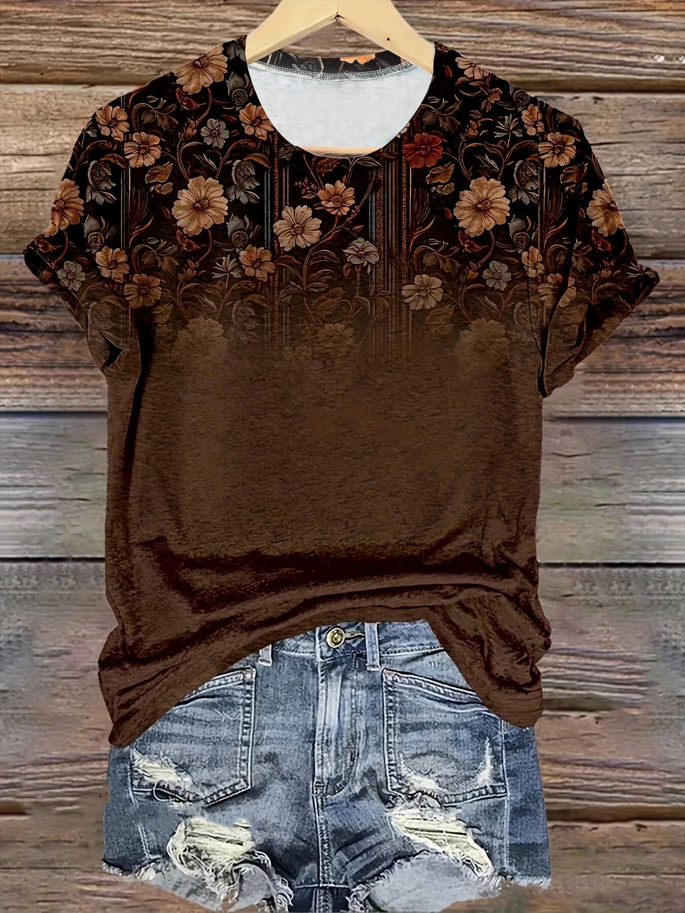 Women's Vintage Floral Print Short Sleeve T-Shirt - Brown With Orange & Green Botanical Design, Soft Breathable Fabric, Moderate Stretch, Machine Washable Summer Casual Top, Ladies T Shirts, Relaxed Fit Tee, Retro Style Shirt, Nontransparent Material | IFYHOME