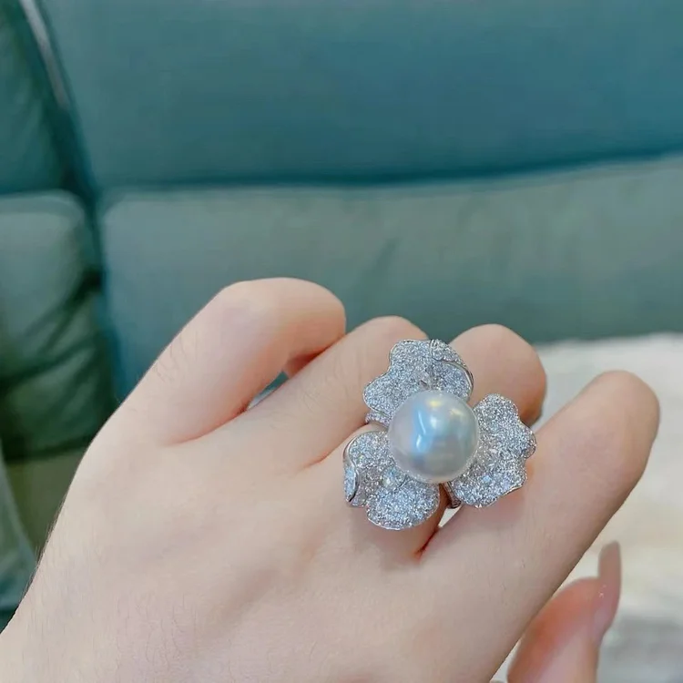 Elegant Graceful Freshwater Pearl Ring Women's Opening Adjustable Full Diamond Seiko French Retro Three Flowers High Sense