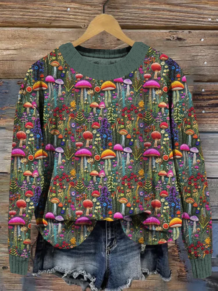 VChics Colorful Mushrooms Embroidered Cozy Knit Sweater