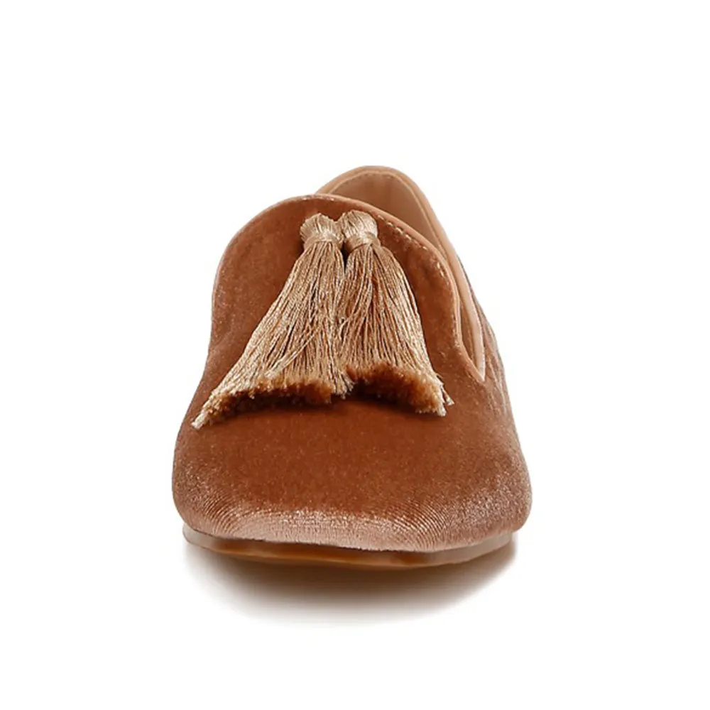 Brown Velvet Tassel Accent Casual Flat Women's Loafers By YDN