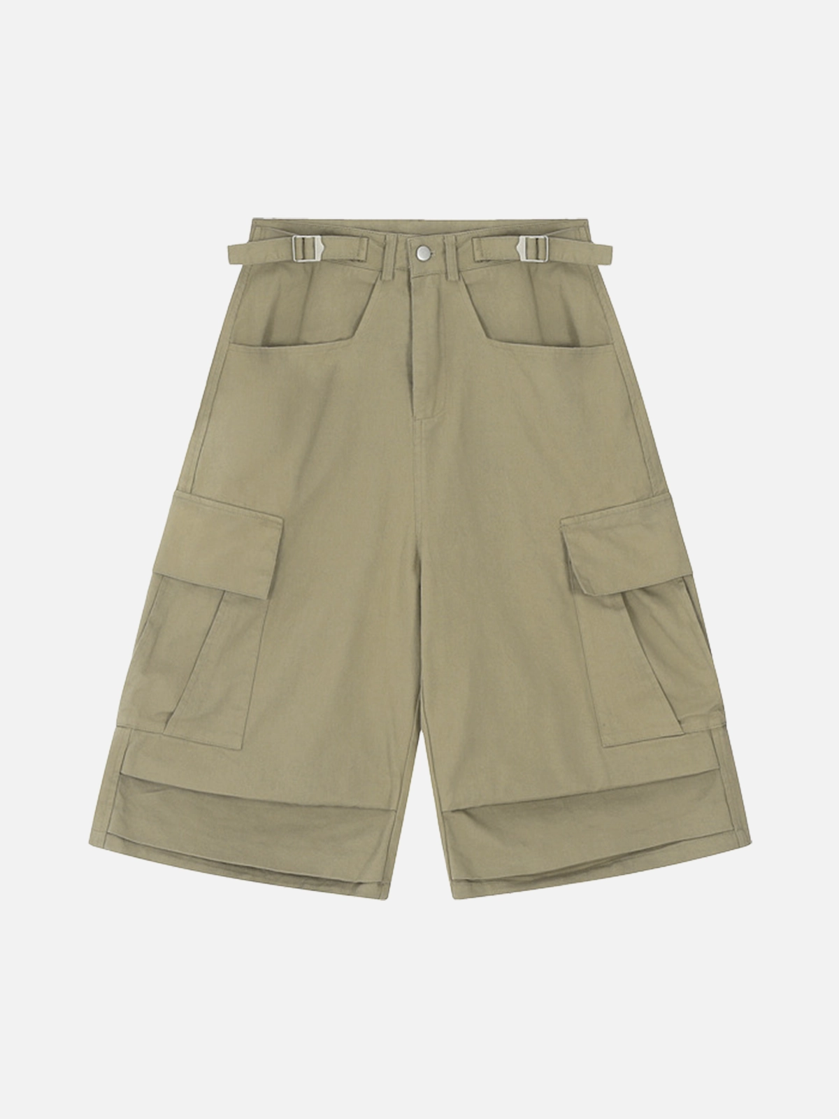 Khaki Multi-Pocket Pleated Longline Cargo Shorts Front