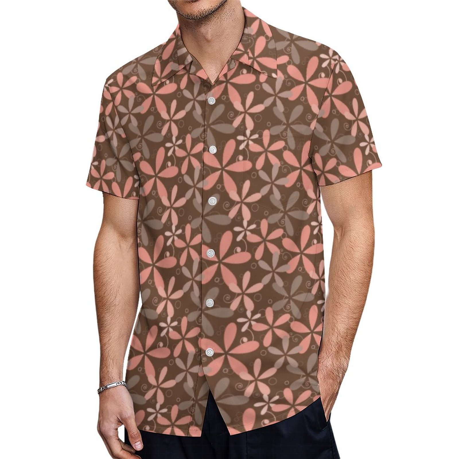 Autumn Breeze Earthy Dusty Pink Dancing Daisy Hawaiian Shirt Mens Button Down Tropical Hawaii Beach Shirts