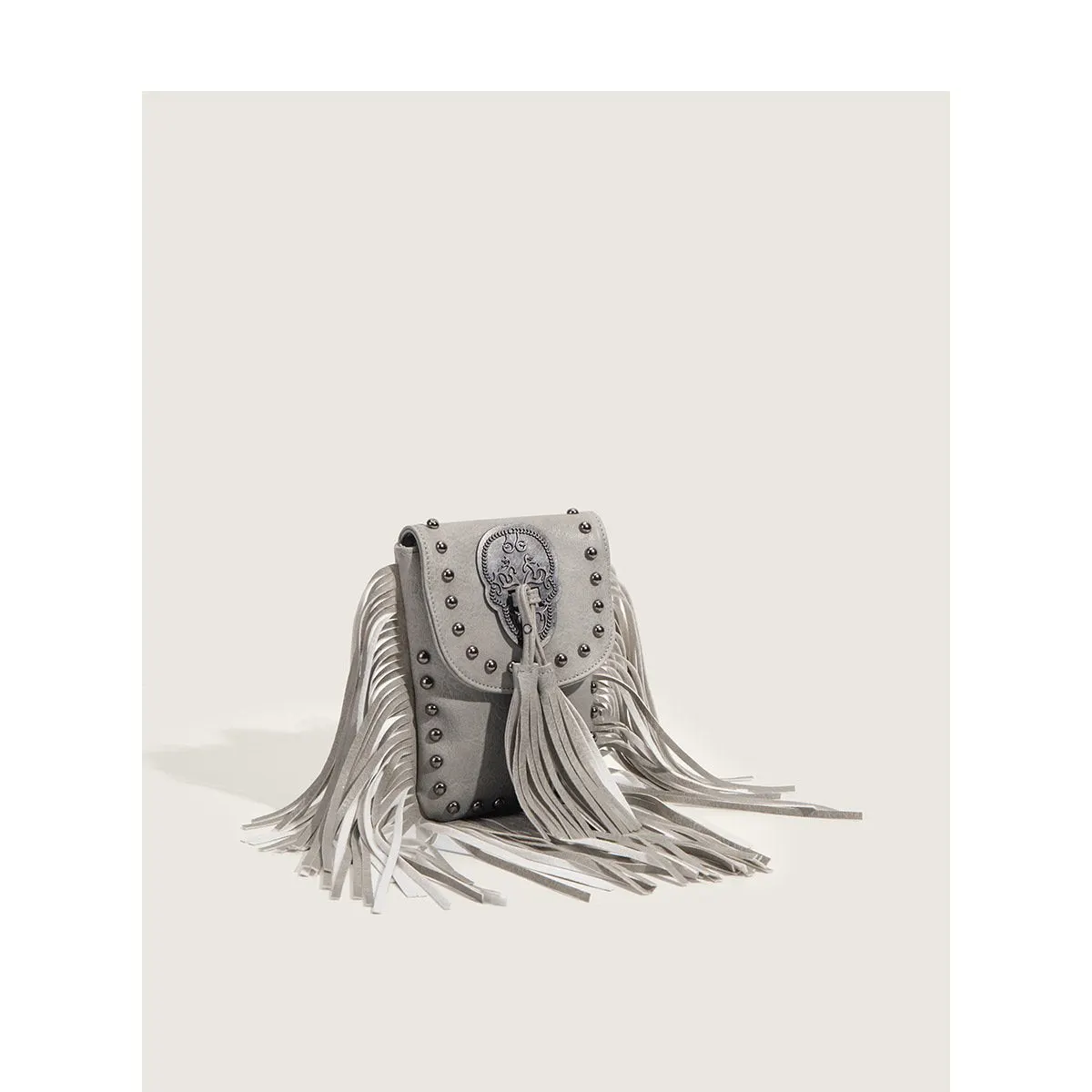 Fashion Women's Rivet Tassel Small Mobile Phone Bag Casual Thin Chain Shoulder Slung Women's Bag