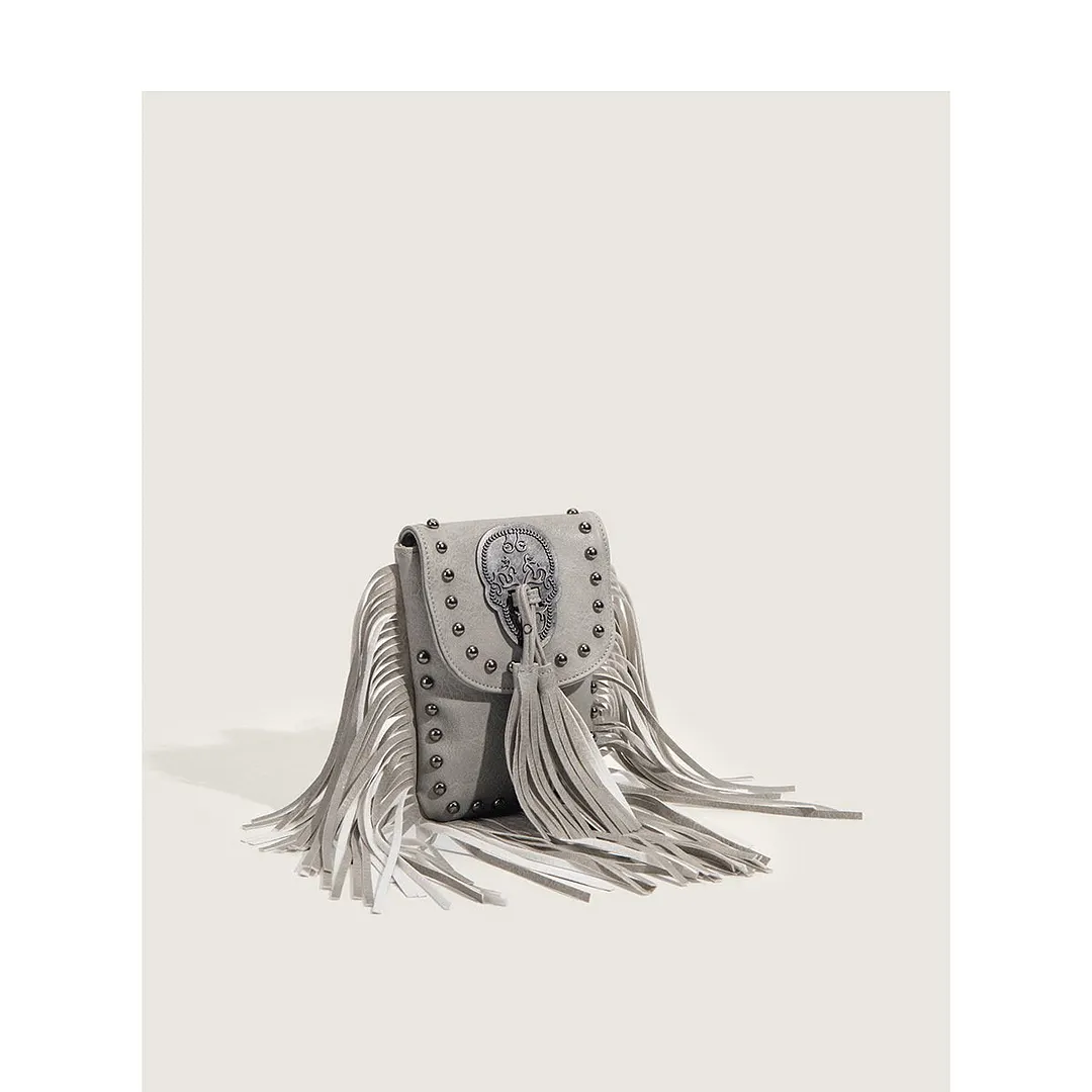 Fashion Women's Rivet Tassel Small Mobile Phone Bag Casual Thin Chain Shoulder Slung Women's Bag