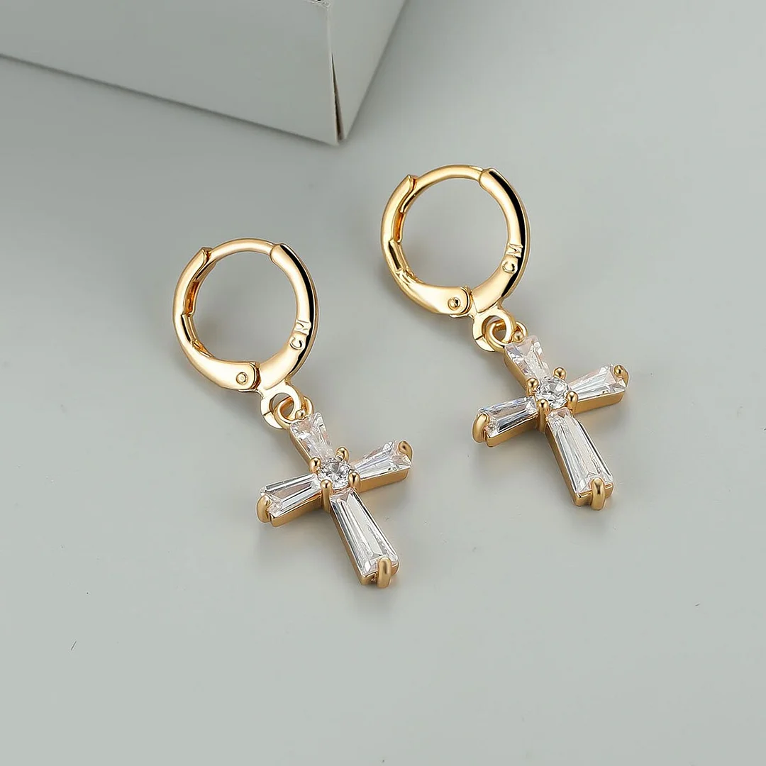 Luxury Female White Zircon Stone Earrings Crystal Small Cross Hoop Earrings Yellow Gold Color Wedding Earrings For Women