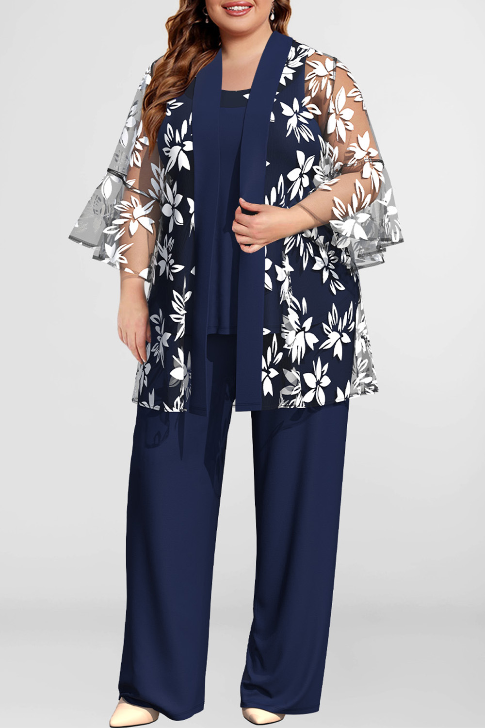 Flycurvy Plus Size Mother Of The Bride Navy Blue Mesh Floral Flare Sleeve Three Piece Pant Suit 2024 - Flycurvy 