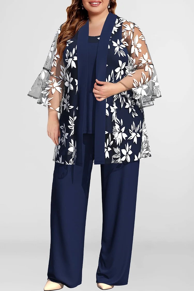 Flycurvy Plus Size Mother Of The Bride Navy Blue Mesh Floral Flare Sleeve Three Piece Pant Suit  Flycurvy [product_label]