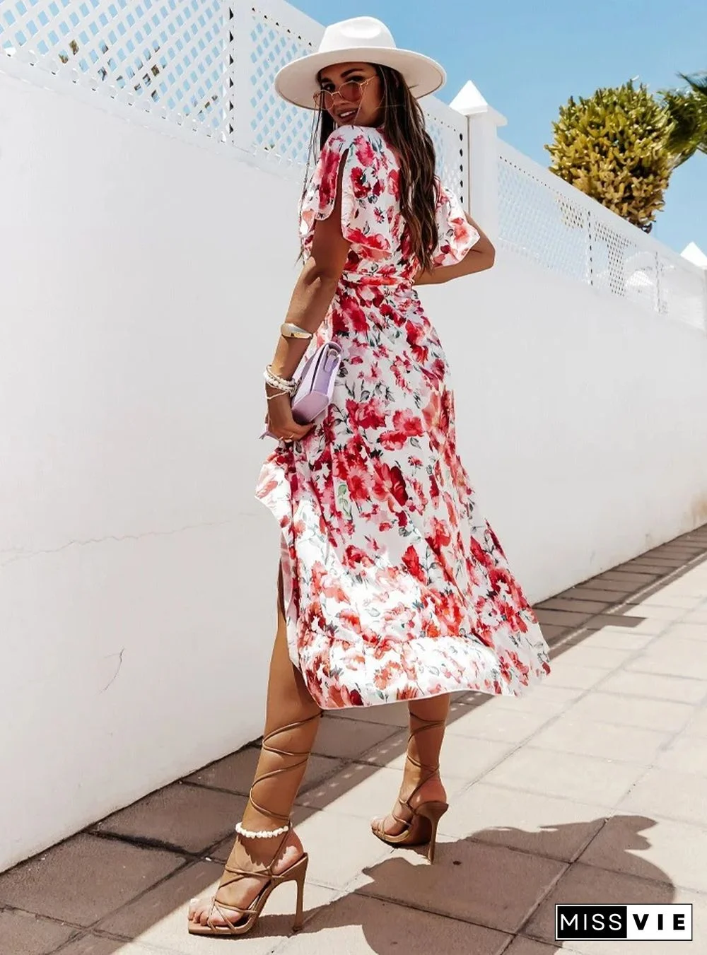 Trendy Print V-neck Lace-up Flounced Irregular Maxi Dress