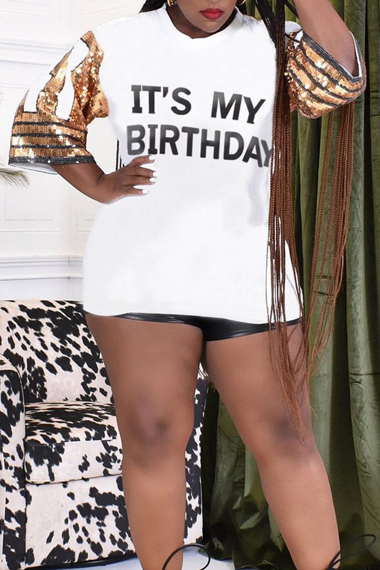 Plus Size White Casual Letter Print Sequin Colorblock T-Shirt [Pre-Order]