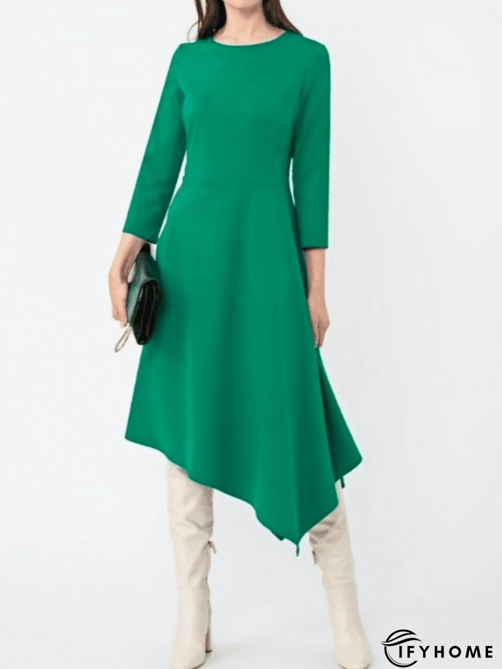 Work Fall A-line Long Sleeve Elegant Crew Neck Date Dresses | IFYHOME