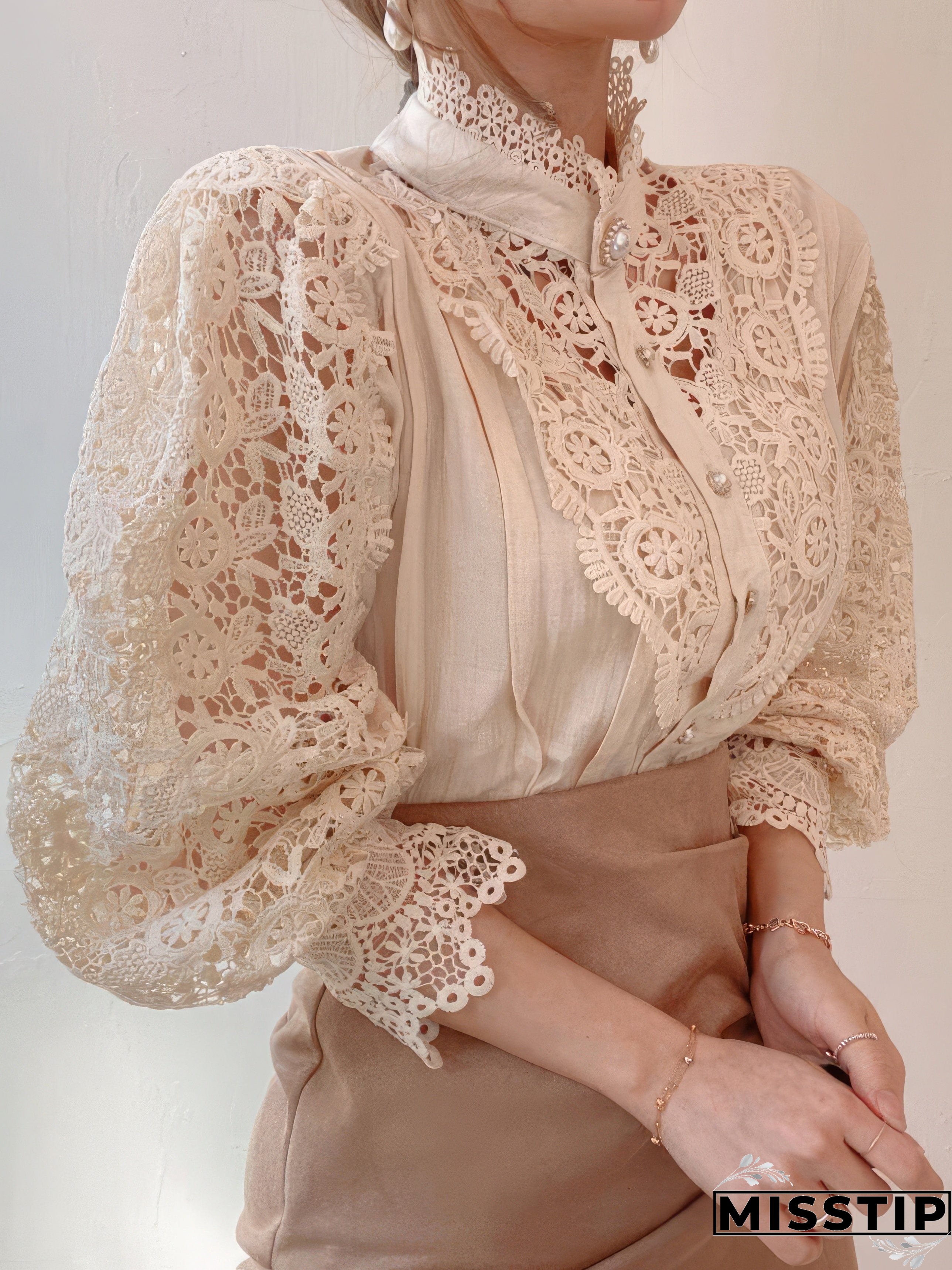White Lace Blouse with Stand Collar and Pearl Buttons