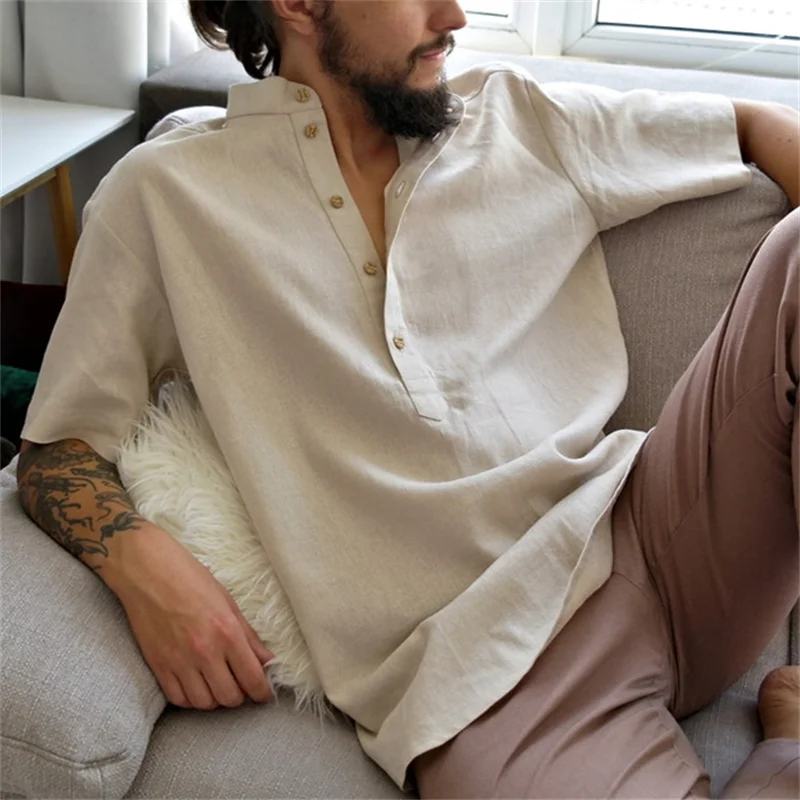 Men's Resort Style Buttoned Linen T-shirt