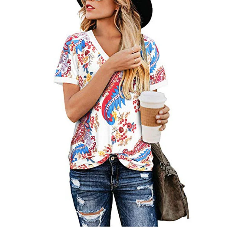Women's Loose V-Neck Printed Short Sleeve T-Shirt