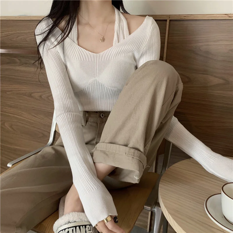 Uveng Uveng Up Spring And Autumn New Chic Sexy Chest Thin Hanging Neck Two Long-Sleeved Knitted Jersey Jersey Elastic Sweater