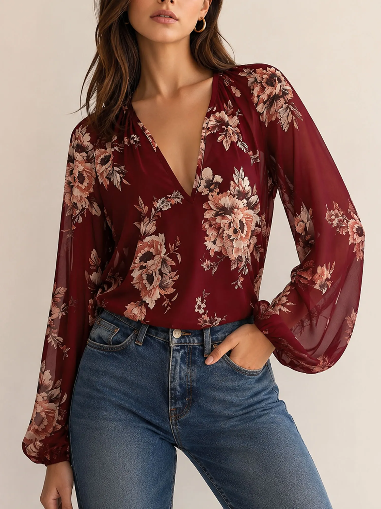 Perfect for French Romantic Wine Nights &mdash; Burgundy High-End Maillard Style Deep V-Neck Chiffon Blouse