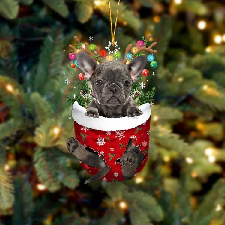 Grey French Bulldog In Snow Pocket Christmas Ornament trabladzer