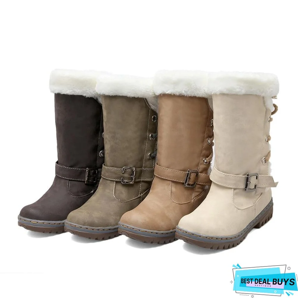 Women Leather Warm mid-calf Plush Fur Velvet Boots Booties Snow Shoes