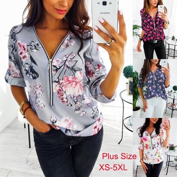 Women Spring Fashion Casual V Neck Shirts Ladies Front Zipper Blouse Loose Floral Printed Tops Plus Size XS-5XL - Shop Trendy Women's Fashion | TeeYours