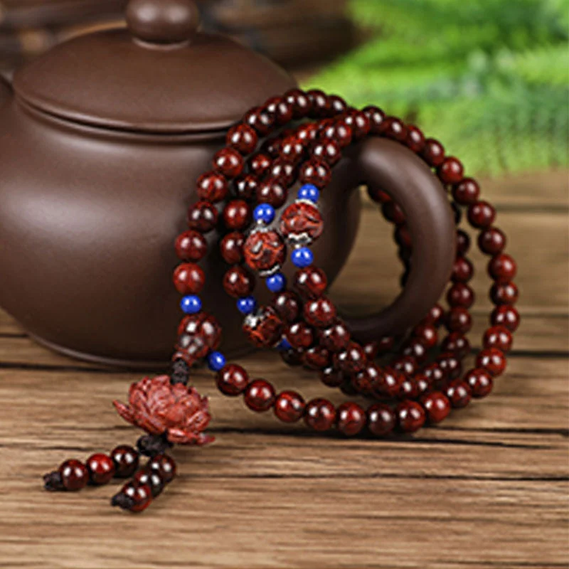 Tibetan Small Leaf Red Sandalwood Mala Lotus Blessing Necklace Bracelet