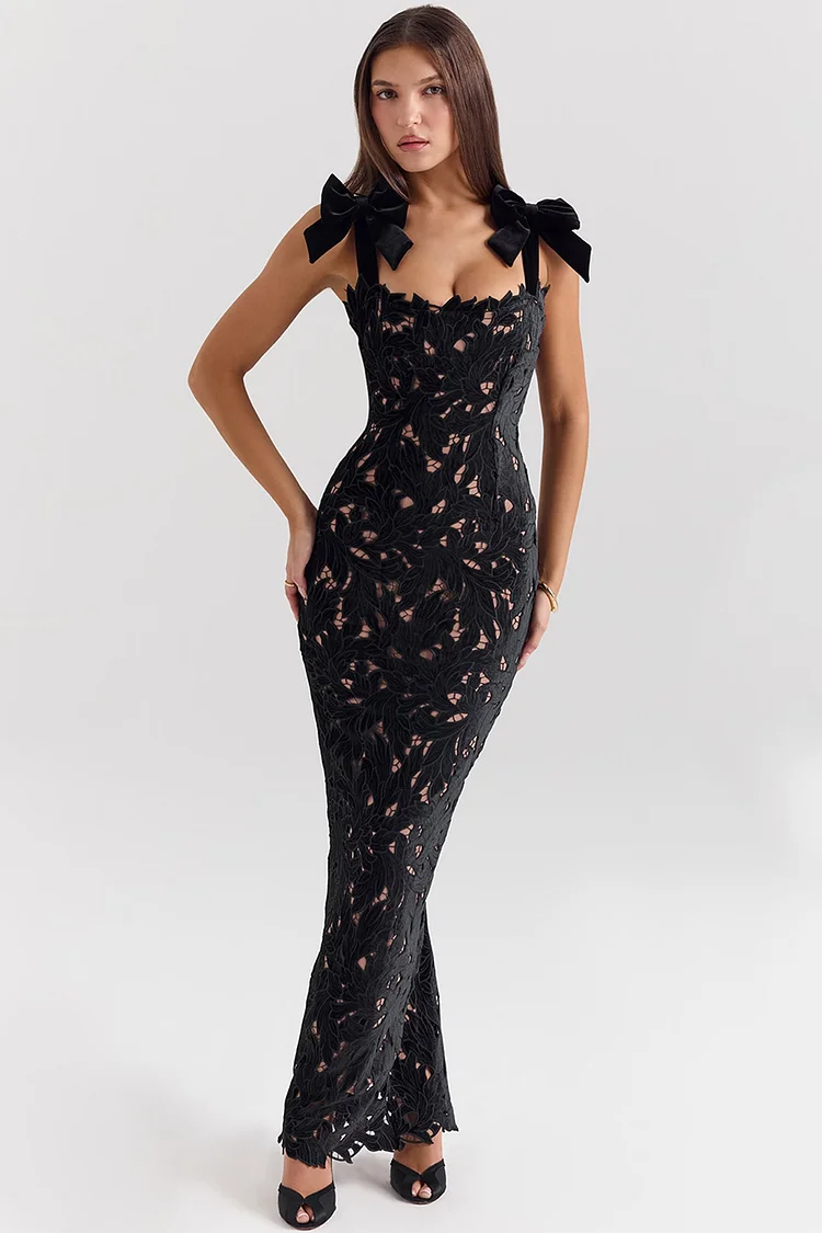 Semi Formal Black Hollow Out Bow Sheath Maxi Dress