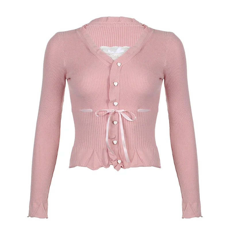 Ueong And Winter New Fashion Design Sense Lace Splicing Pink Fake Two-Piece Lace Sweater Top Girl In Long Sleeves