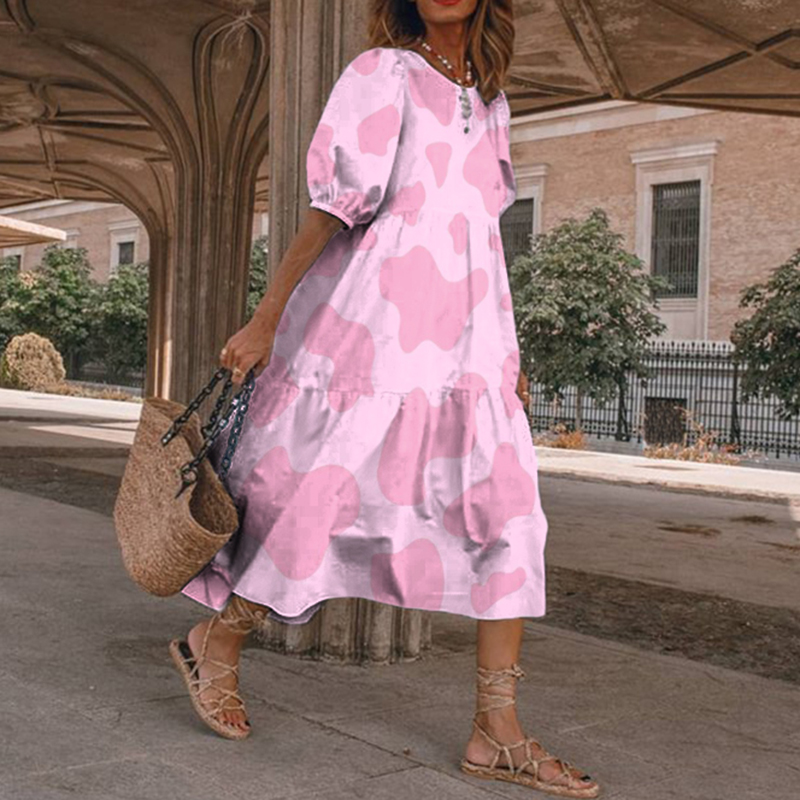 Short Sleeve Cow Print Midi Dress wearshes