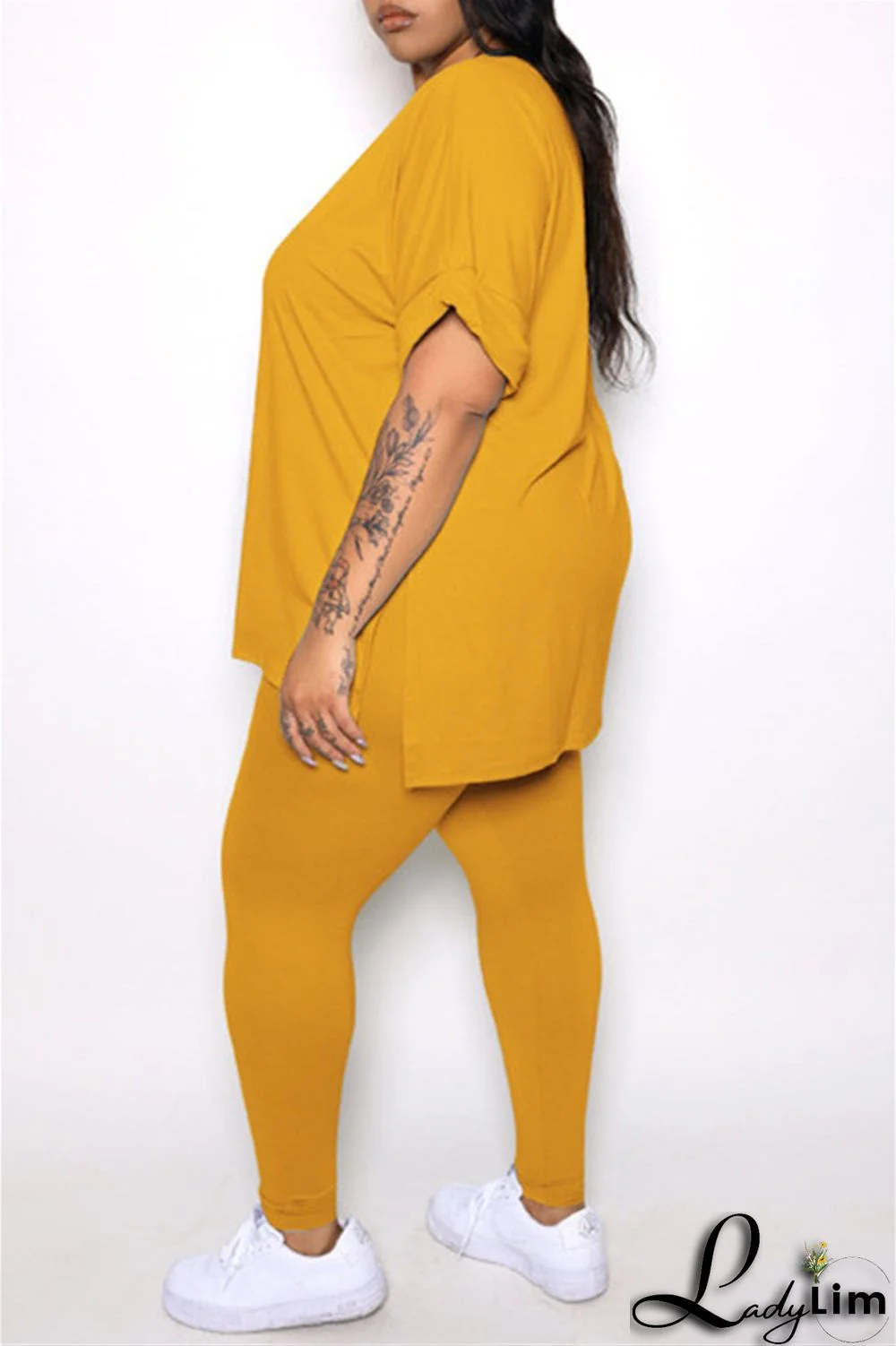 Tibetan Blue Fashion Casual Solid Slit V Neck Plus Size Two Pieces