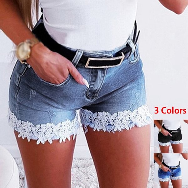 Fashion Women Denim Shorts Stitching Lace Summer Jeans Shorts 3 Colors - Life is Beautiful for You - SheChoic